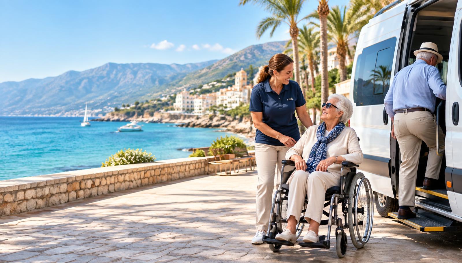 Reisende im Rollstuhl mit persönlicher Begleiterin an der albanischen Riviera