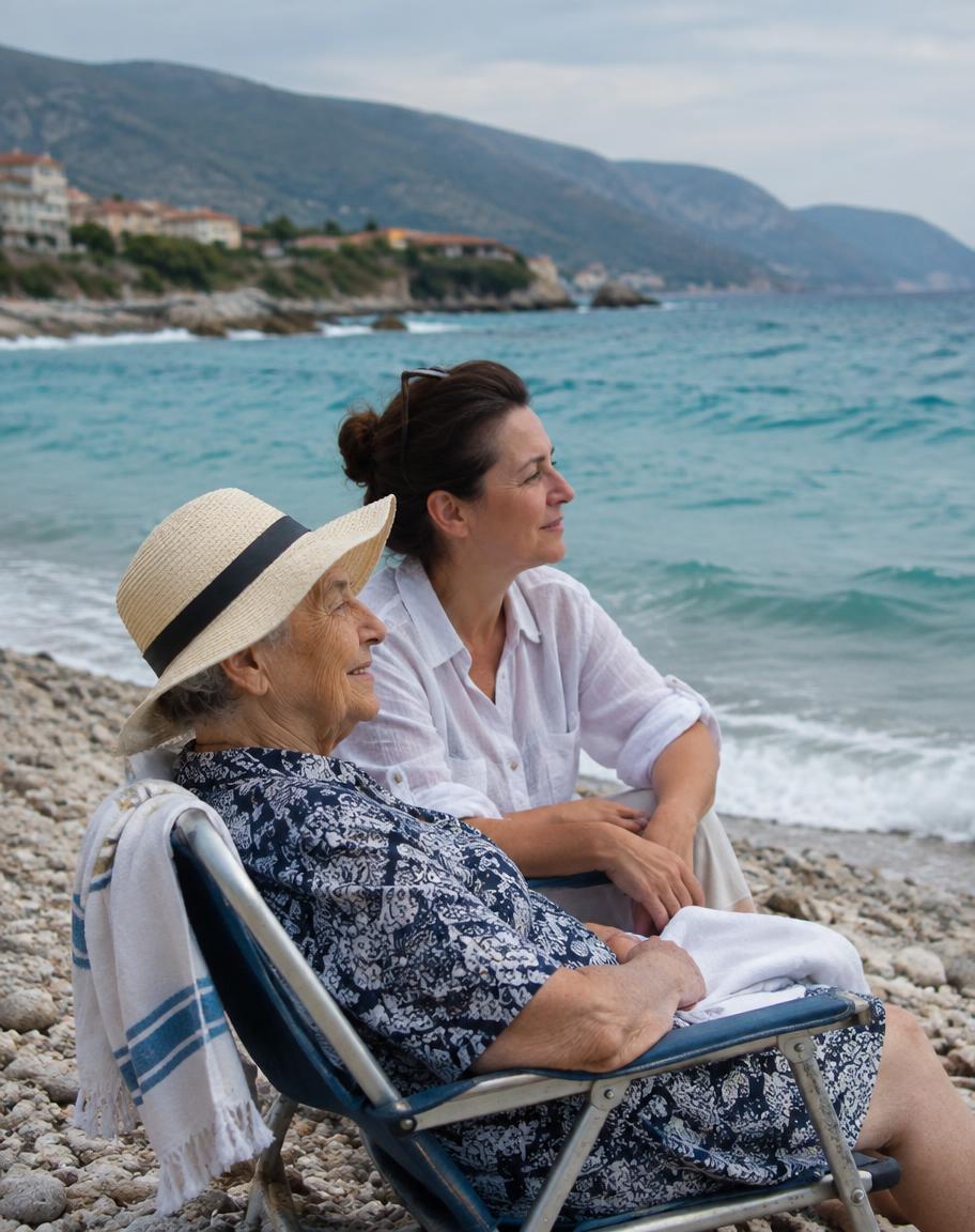 Seniorin genießt mit ihrer Begleitperson einen ruhigen Strandtag an der albanischen Küste